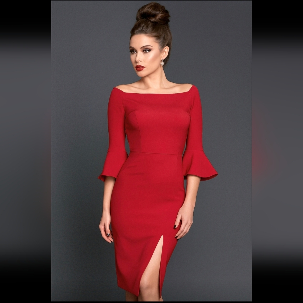 Zara Off Shoulder Red Pencil Midi Cocktail Dress 3/4 Sleeves Retro